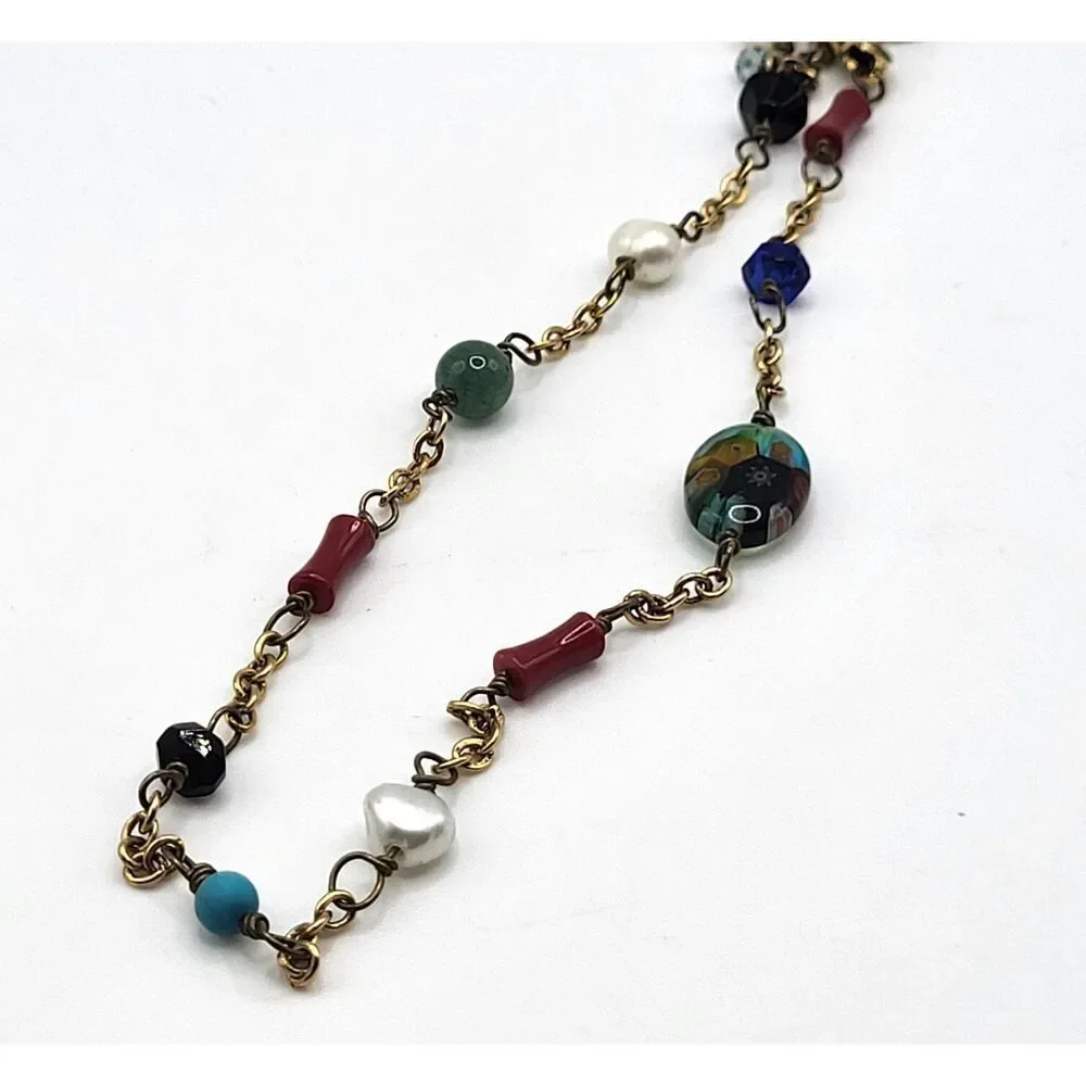 Artisan Charm Ankelt Turquoise Pearl Coral Jade Blown Glass with Locket 11in